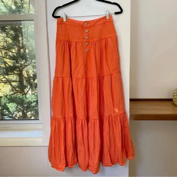 NWT Free People Dreamweaver Maxi Skirt Denim Jean Tiered High Rise Orange - Picture 3 of 16